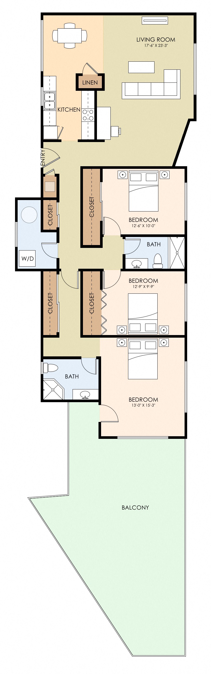 Floor plan for 3 beds, 2 baths, 1422 sqft